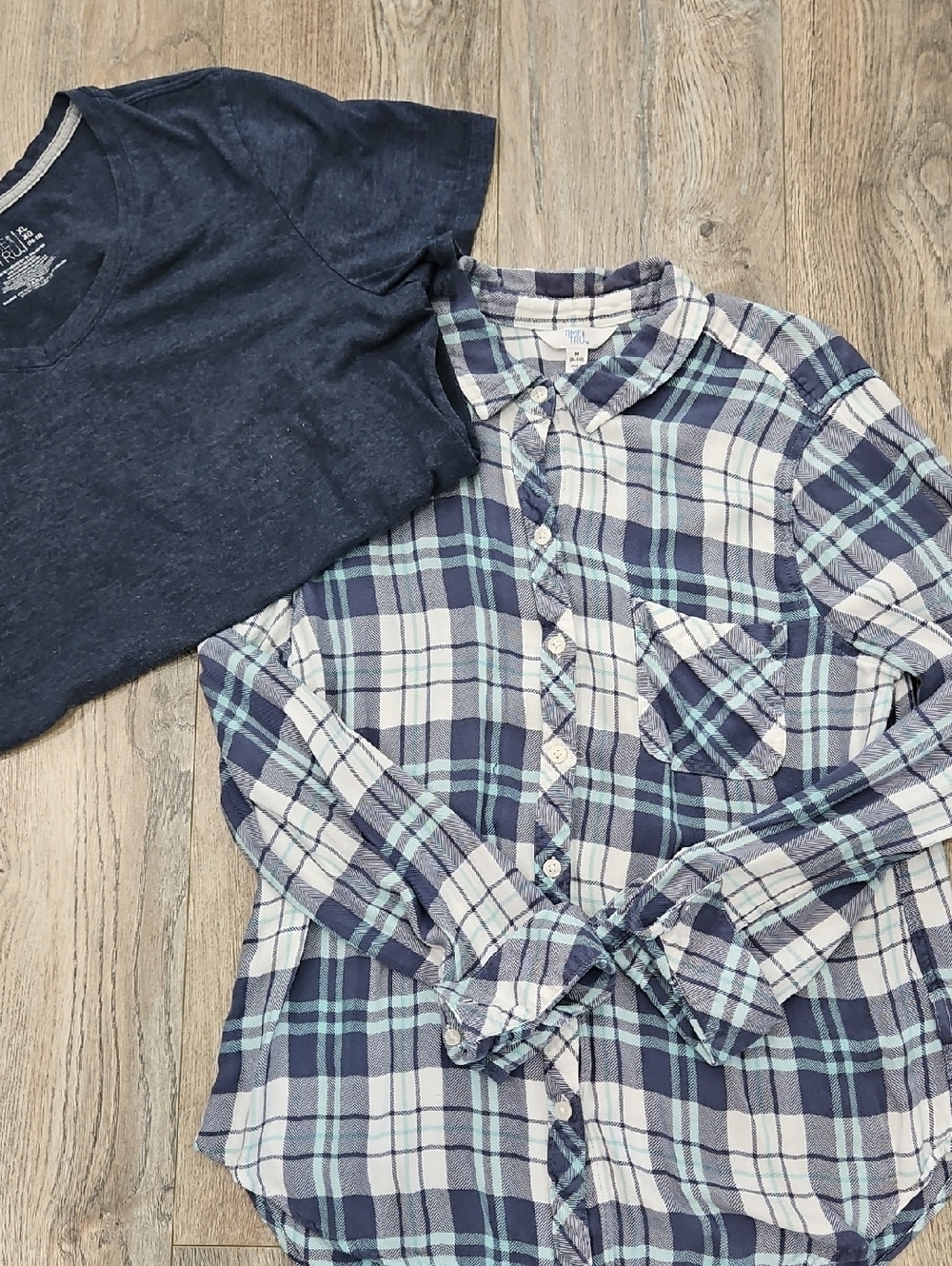 Womens Navy Plaid Button-Up Shirt - Classic Casual Top 2 Shirts For One Price